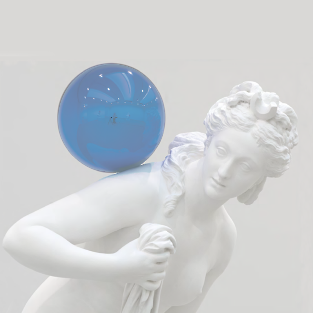 greek statue with blue ball on shoulder